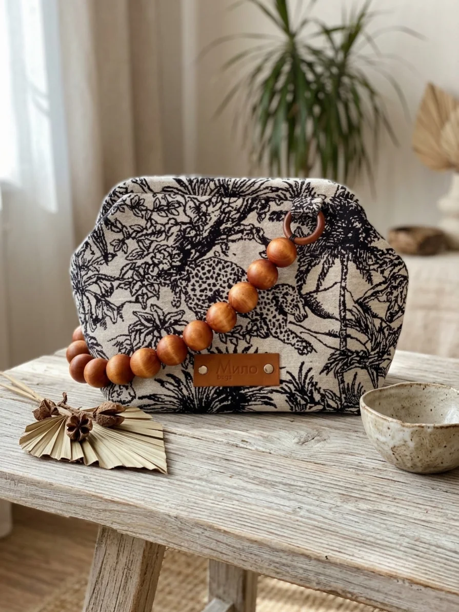 Сумка с деревянной ручкой из гобелена леопард — Мило bags, фотография 2